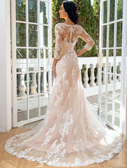 Engagement Formal Fall Wedding Dresses Mermaid / Trumpet Sweetheart Long Sleeve Sweep / Brush Train Lace Bridal Gowns With Appliques  Summer Wedding Party Women‘s Clothing