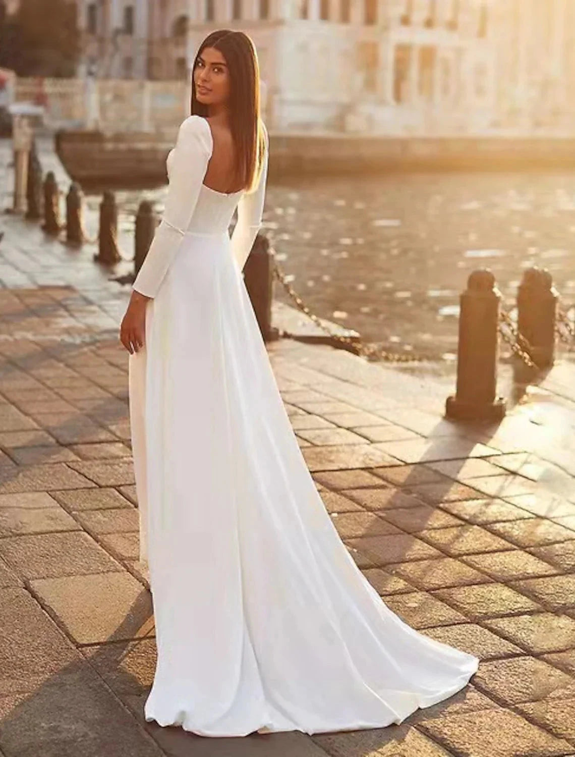 Reception Royal Style Casual Wedding Dresses A-Line Sweetheart Long Sleeve Sweep / Brush Train Satin Bridal Gowns With Solid Color Summer Wedding Party Women's Clothing by YiHuiw