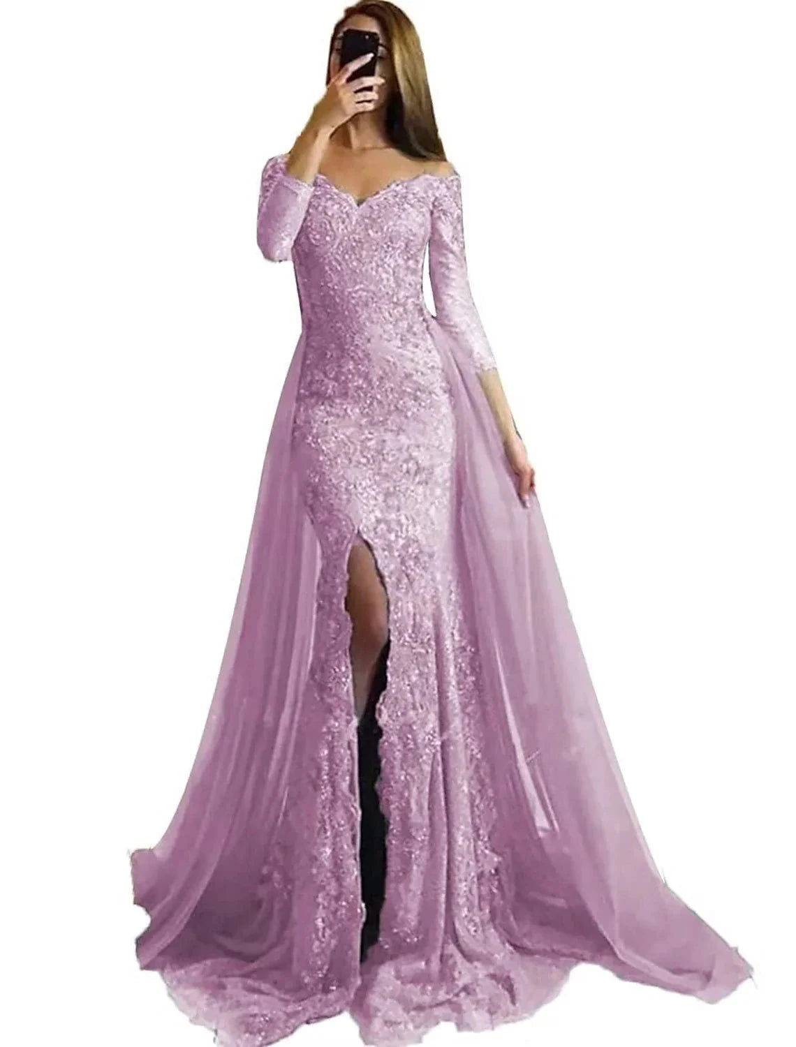 Mermaid / Trumpet Evening Gown Floral Dress Formal Sweep / Brush Train Long Sleeve Off Shoulder Fall Wedding Reception Chiffon with Slit Appliques by YiHuiw
