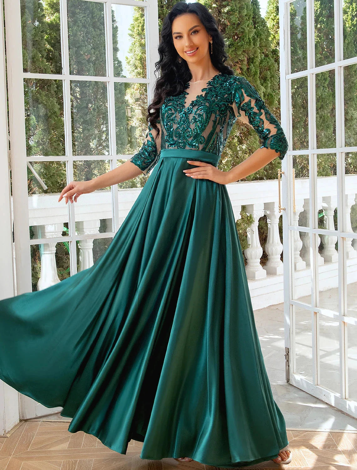 A-Line Evening Gown Elegant Dress Wedding Party Floor Length Half Sleeve Illusion Neck Satin with Pleats Sequin Slit by YiHuiw