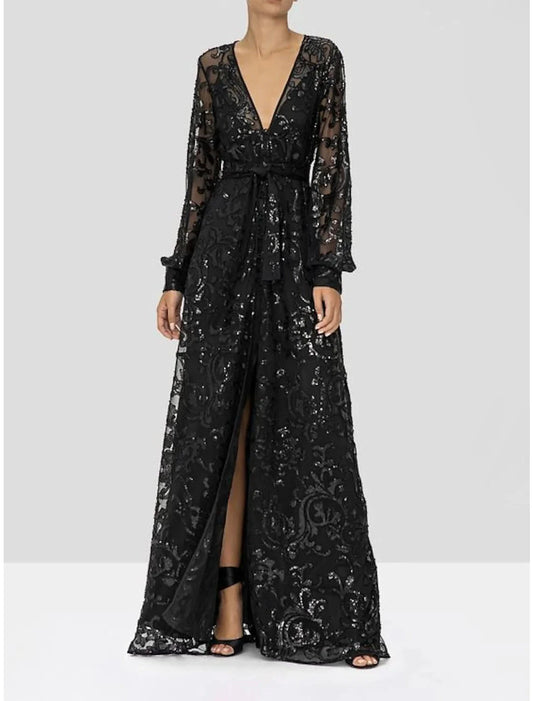 A-Line Mother of the Bride Dress Wedding Guest Elegant Sparkle & Shine V Neck Floor Length Lace Sequined Long Sleeve with Sequin Appliques Split Front by YiHuiw