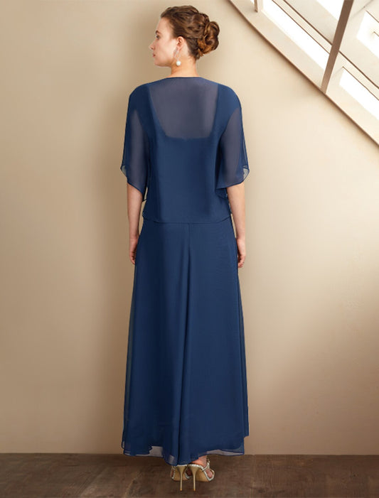 Two Piece A-Line Mother of the Bride Dress Church Plus Size Elegant High Low Square Neck Asymmetrical Tea Length Chiffon Lace Short Sleeve Wrap Included with Appliques by YiHuiw