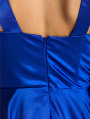 A-Line Minimalist Dress Wedding Guest Cocktail Party Tea Length Sleeveless Square Neck  Satin with Criss Cross