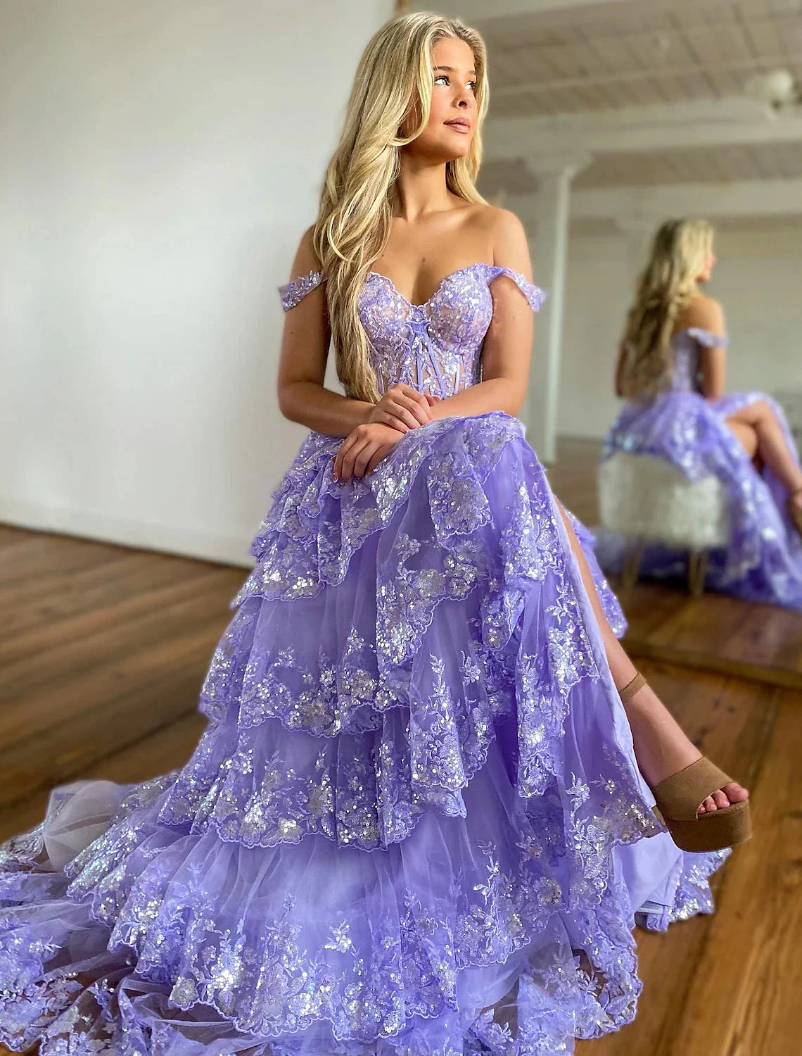 Mermaid / Trumpet Prom Dresses Corsets Dress Evening Party Quinceanera Court Train Sleeveless Off Shoulder Tulle with Sequin Slit by YiHuiw