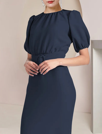 Sheath / Column Mother of the Bride Dress Formal Wedding Guest Elegant Scoop Neck Tea Length Chiffon Short Sleeve with Sash / Ribbon by YiHuiw