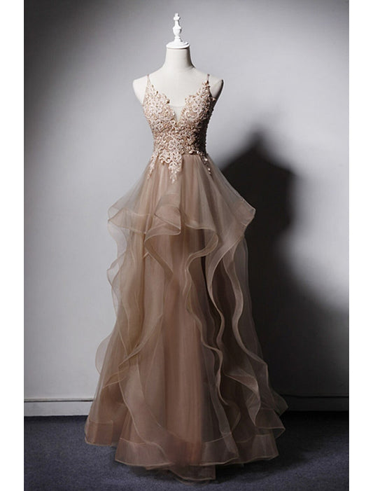 A-Line Prom Dresses Open Back Dress Formal Wedding Party Floor Length Sleeveless Spaghetti Strap Lace with Ruffles Appliques by YiHuiw