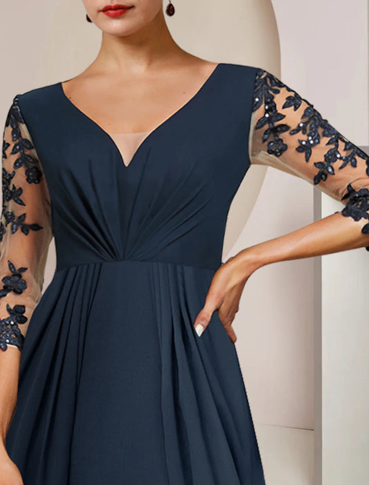 A-Line Mother of the Bride Dress Wedding Guest Elegant High Low V Neck Ankle Length Chiffon Lace 3/4 Length Sleeve with Sequin Appliques 2