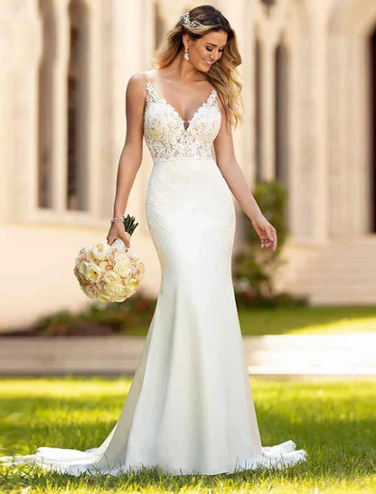 Engagement Open Back Sexy Formal Wedding Dresses Mermaid / Trumpet V Neck Sleeveless Court Train Lace Bridal Gowns With Appliques Summer Wedding Party Women's Clothing by YiHuiw
