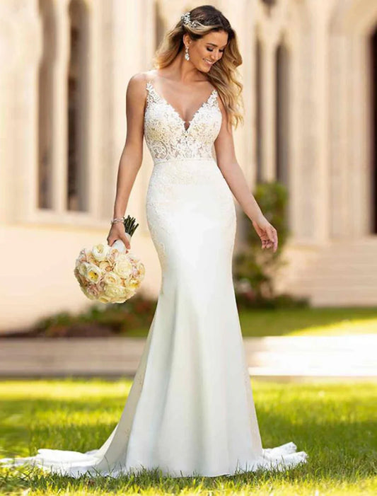 Engagement Open Back Sexy Formal Wedding Dresses Mermaid / Trumpet V Neck Sleeveless Court Train Lace Bridal Gowns With Appliques  Summer Wedding Party  Women's Clothing