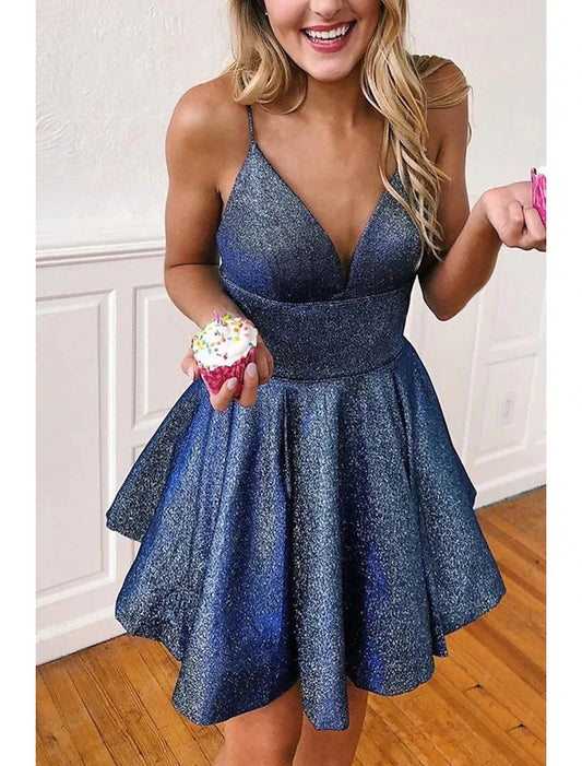A-Line Cocktail Dresses Party Dress Homecoming Graduation Short / Mini Sleeveless V Neck Satin Backless with Pleats by YiHuiw