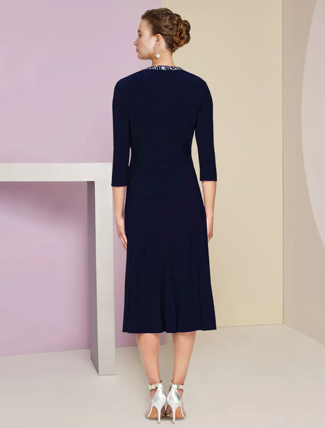 A-Line Mother of the Bride Dress Wedding Guest Elegant Petite Jewel Neck Knee Length  Fabric 3/4 Length Sleeve with Pleats Crystals