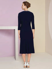 A-Line Mother of the Bride Dress Wedding Guest Elegant Petite Jewel Neck Knee Length  Fabric 3/4 Length Sleeve with Pleats Crystals