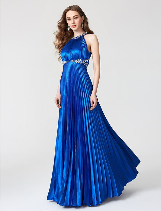 A-Line Beautiful Back Dress Holiday Cocktail Party Floor Length Sleeveless Jewel Neck Satin with Pleats Beading by YiHuiw