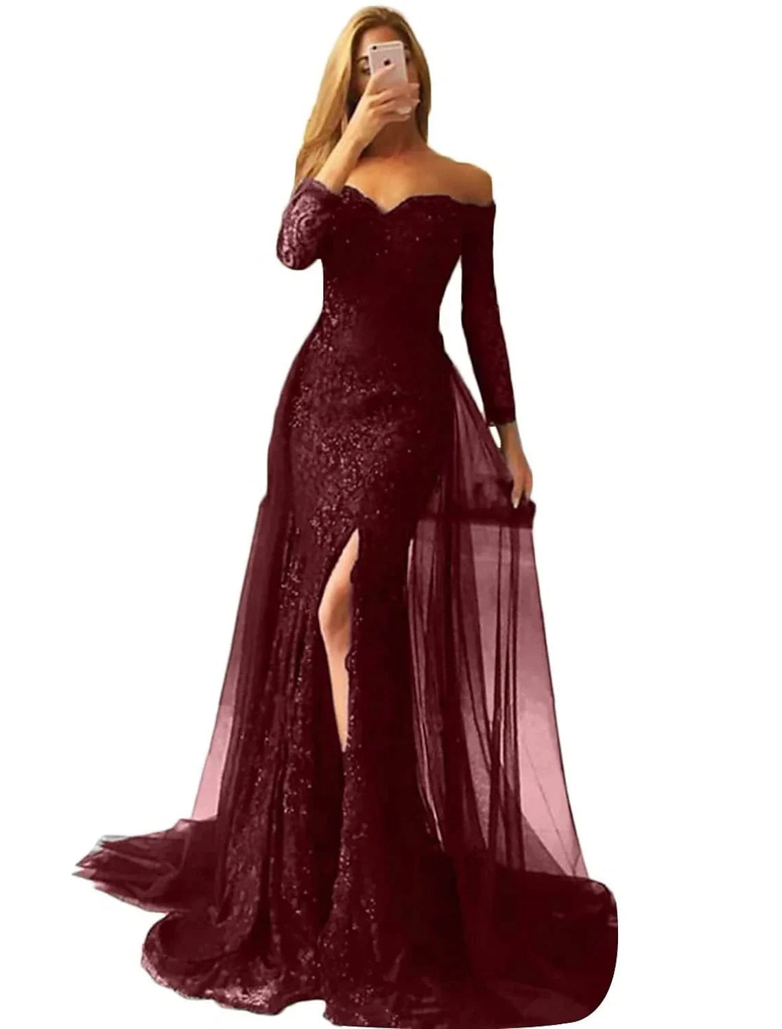 Mermaid / Trumpet Evening Gown Floral Dress Formal Sweep / Brush Train Long Sleeve Off Shoulder Fall Wedding Reception Chiffon with Slit Appliques by YiHuiw