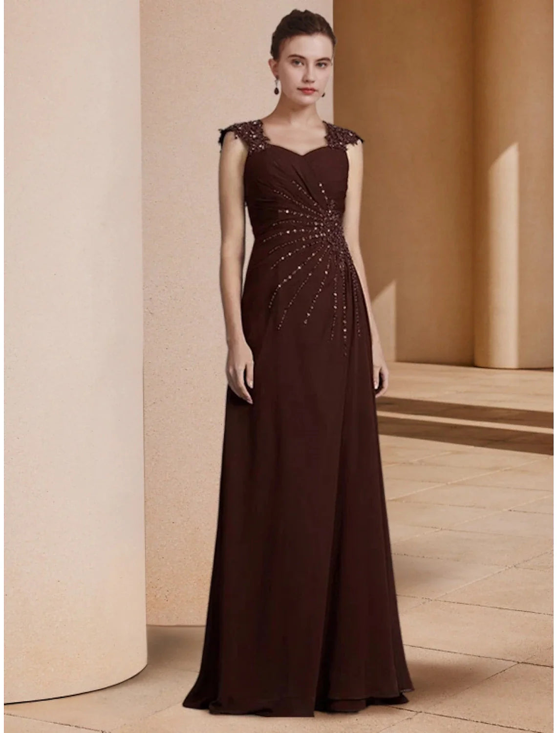 Sheath / Column Mother of the Bride Dress Wedding Guest Elegant Scoop Neck Floor Length  Chiffon Long Sleeve with Sequin Ruching