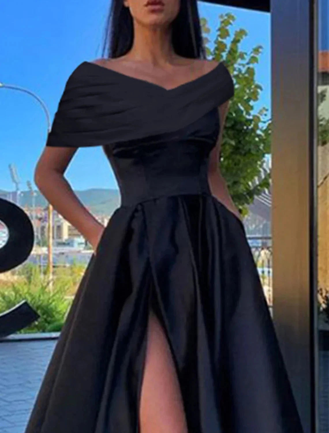 A-Line Prom Dresses Little Black Dress Dress Formal Floor Length Short Sleeve Off Shoulder Satin with Ruched Slit by YiHuiw