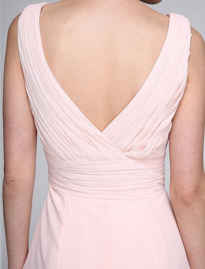 Sheath / Column Bridesmaid Dress V Neck Sleeveless Elegant Floor Length Chiffon with Criss Cross / Ruched by YiHuiw