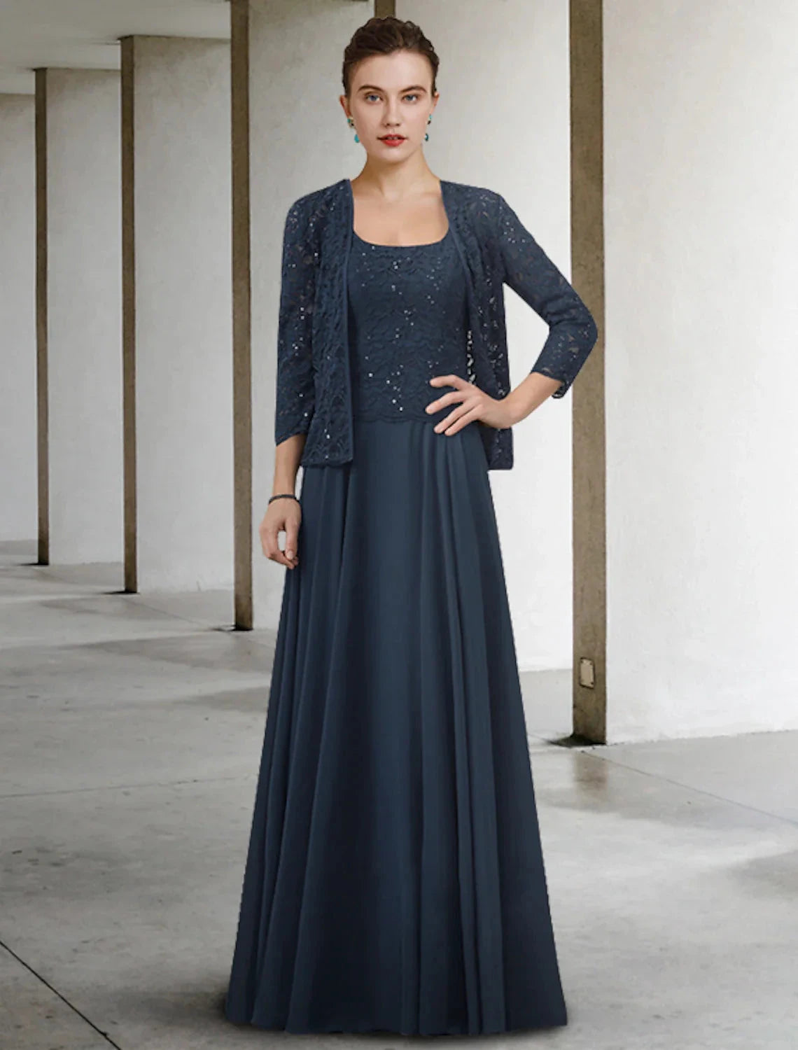 Two Piece A-Line Mother of the Bride Dress Elegant Jewel Neck Floor Length Chiffon Lace Half Sleeve with Pleats by YiHuiw