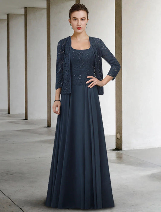 Two Piece A-Line Mother of the Bride Dress Elegant Jewel Neck Floor Length Chiffon Lace Half Sleeve with Pleats by YiHuiw