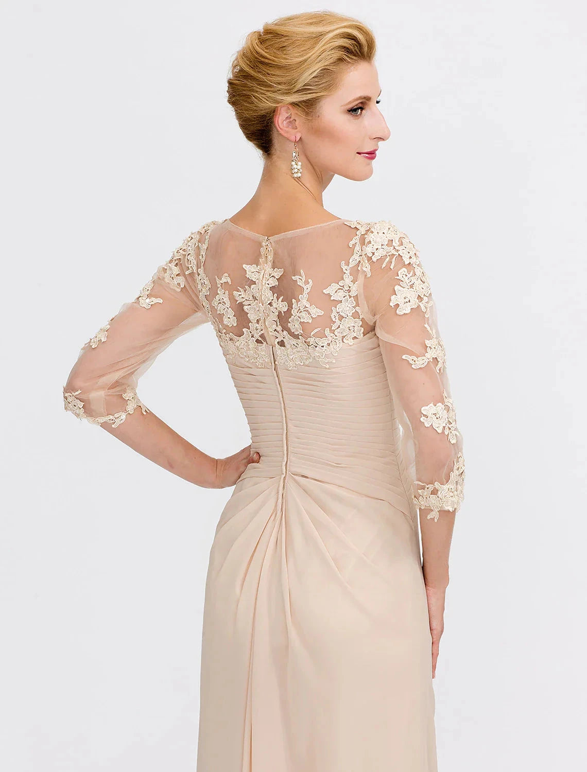 A-Line Mother of the Bride Dress Fall Wedding Guest Dresses Plus Size Elegant See Through V Neck Floor Length Chiffon Half Sleeve with Appliques Side Draping by YiHuiw