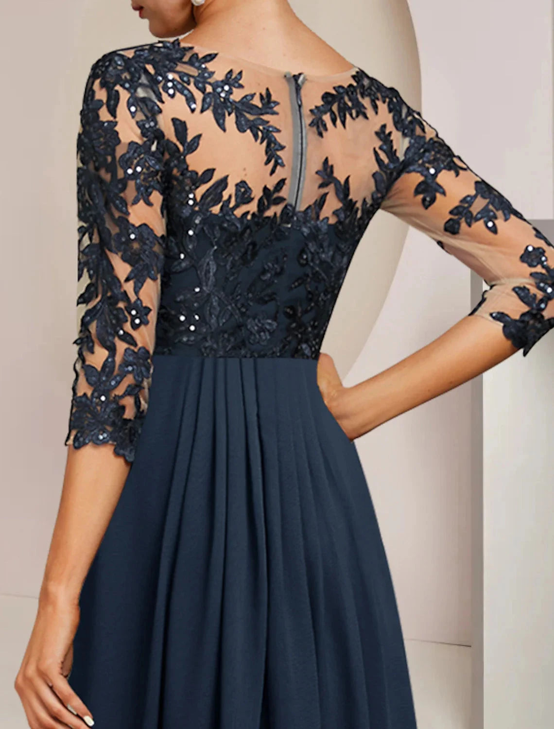 A-Line Mother of the Bride Dress Wedding Guest Elegant High Low V Neck Ankle Length Chiffon Lace 3/4 Length Sleeve with Sequin Appliques 2 by YiHuiw