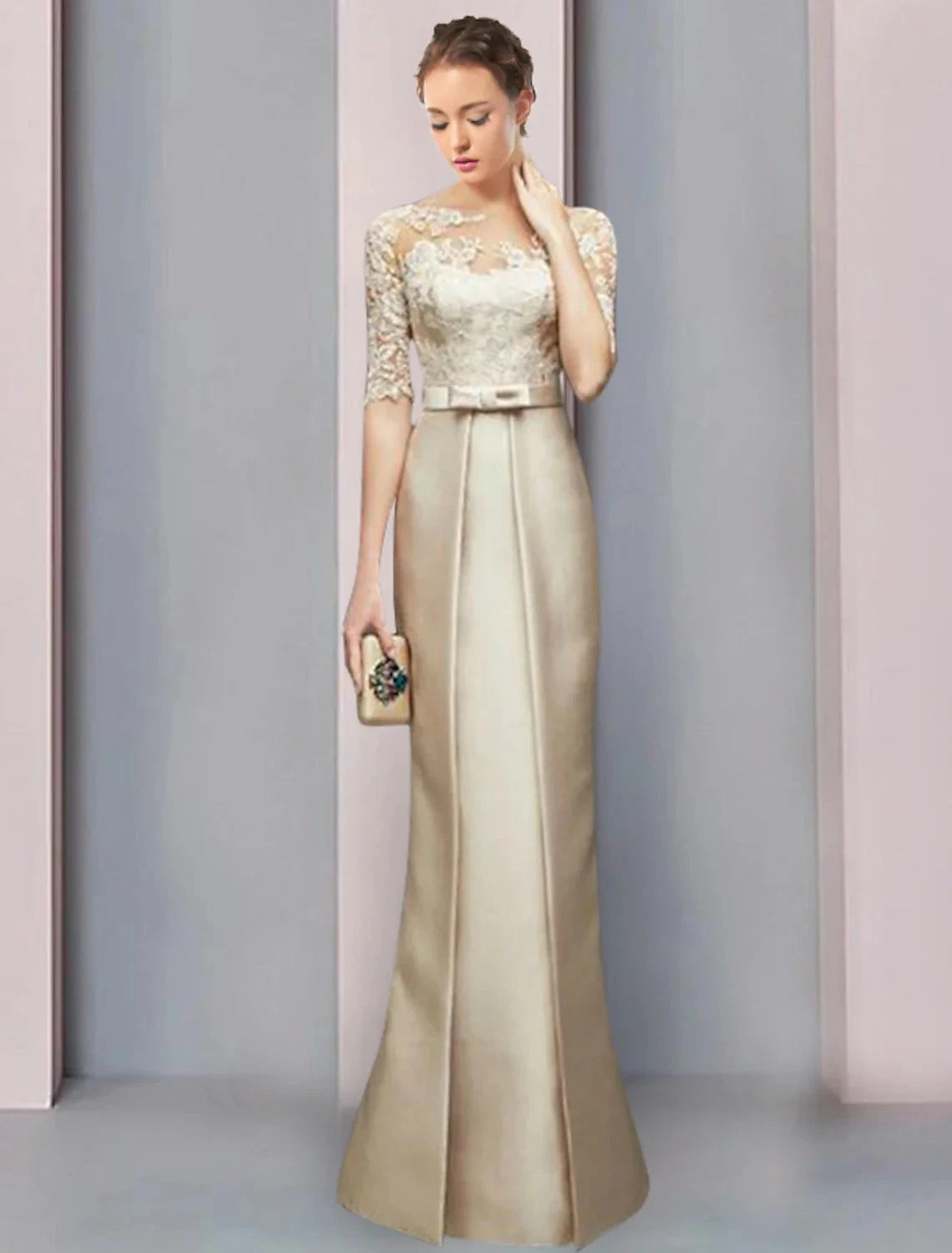 Sheath / Column Mother of the Bride Dress Wedding Guest Party Elegant Jewel Neck Floor Length Satin Lace Half Sleeve with Bow(s) Ruching by YiHuiw