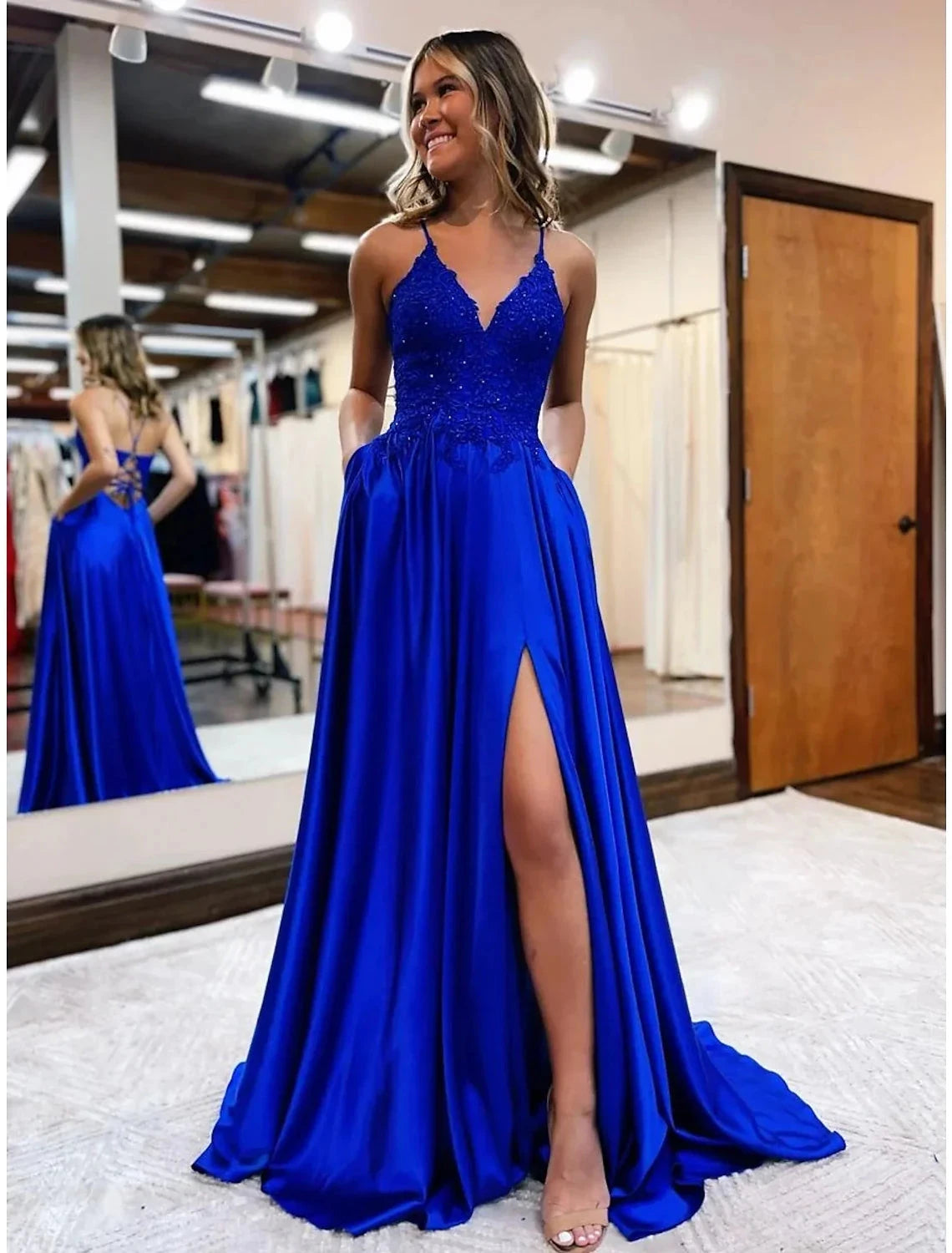 A-Line Prom Dresses Empire Dress Formal Court Train Sleeveless V Neck Satin Backless with Beading Appliques by YiHuiw