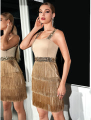 Sheath / Column Party Dresses Vintage Dress Homecoming Short / Mini Sleeveless Spaghetti Strap  Satin with Fringe Sequin Tassel