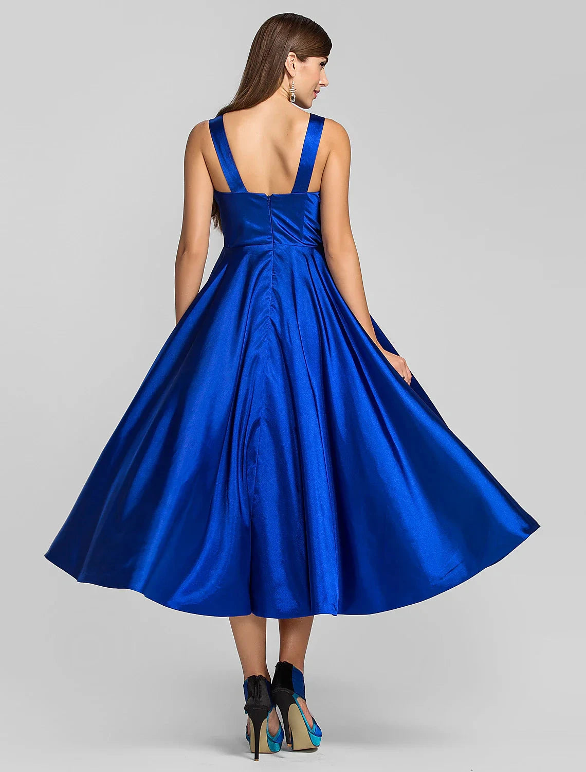 A-Line Minimalist Dress Wedding Guest Cocktail Party Tea Length Sleeveless Square Neck Satin with Criss Cross by YiHuiw