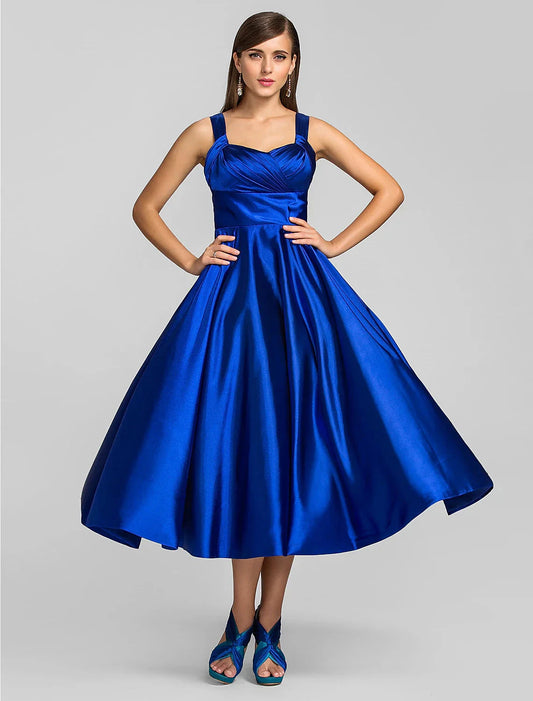 A-Line Minimalist Dress Wedding Guest Cocktail Party Tea Length Sleeveless Square Neck Satin with Criss Cross by YiHuiw