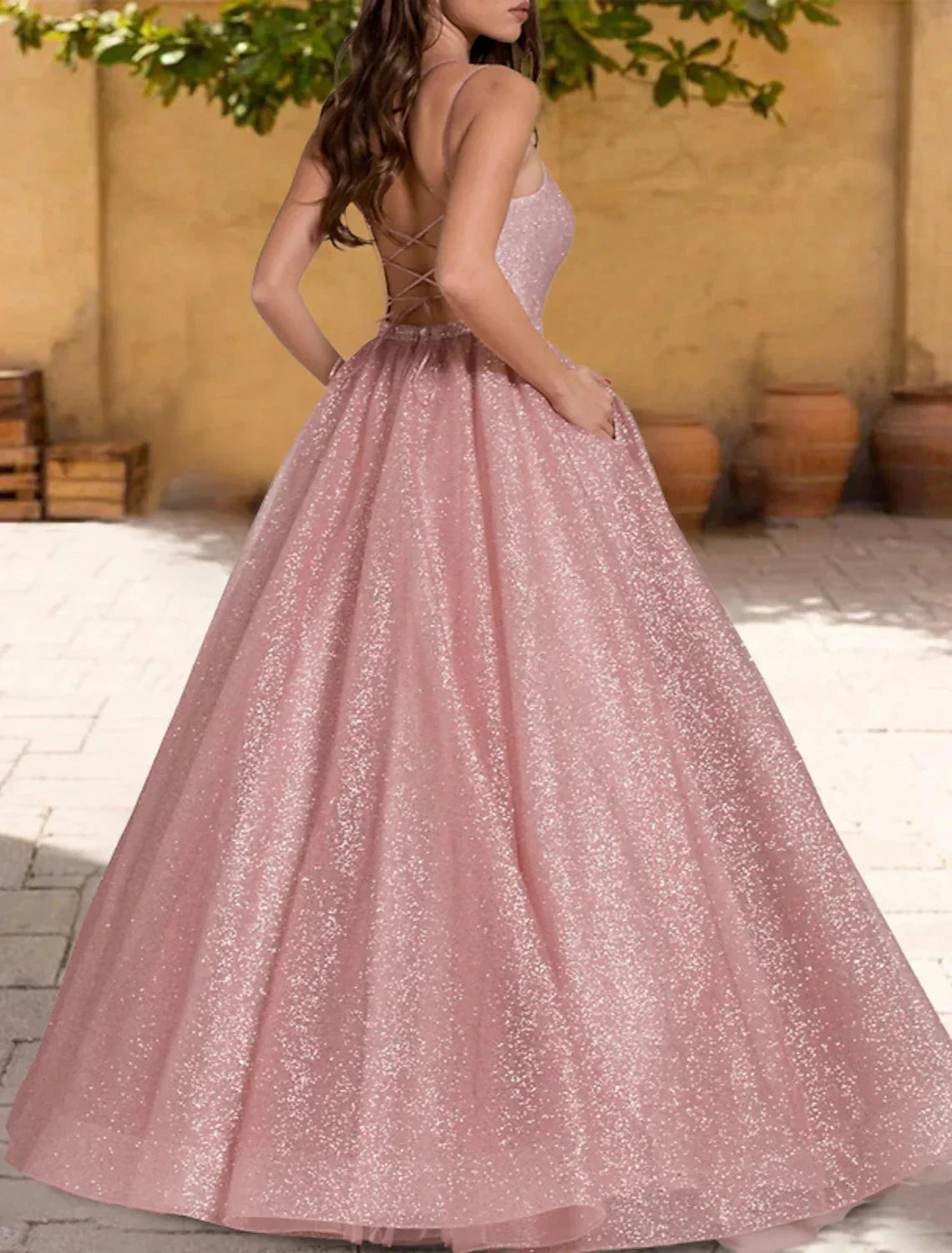 Ball Gown Quinceanera Dresses Sparkle & Shine Dress Sweet 16 Floor Length Sleeveless Spaghetti Strap Tulle with Glitter Criss Cross Pleats by YiHuiw