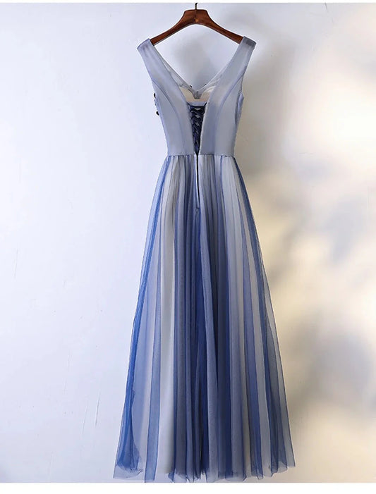 A-Line Bridesmaid Dress V Neck Sleeveless Elegant Floor Length Tulle with Beading / Appliques by YiHuiw