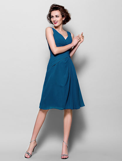A-Line Mother of the Bride Dress Wrap Included V Neck Knee Length Chiffon 3/4 Length Sleeve with Criss Cross Side Draping Flower by YiHuiw