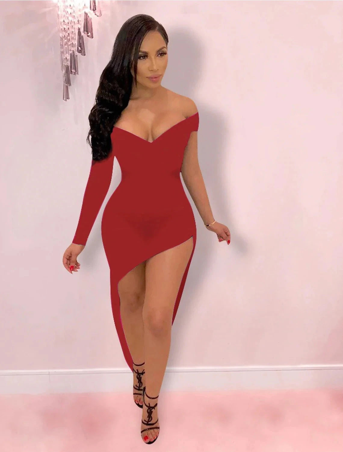 Hot Sexy Holiday Party Wear Club Dress High Slit V Neck off Shoulder Long Sleeve Bodycon Asymmetrical Spandex with Sleek by YiHuiw