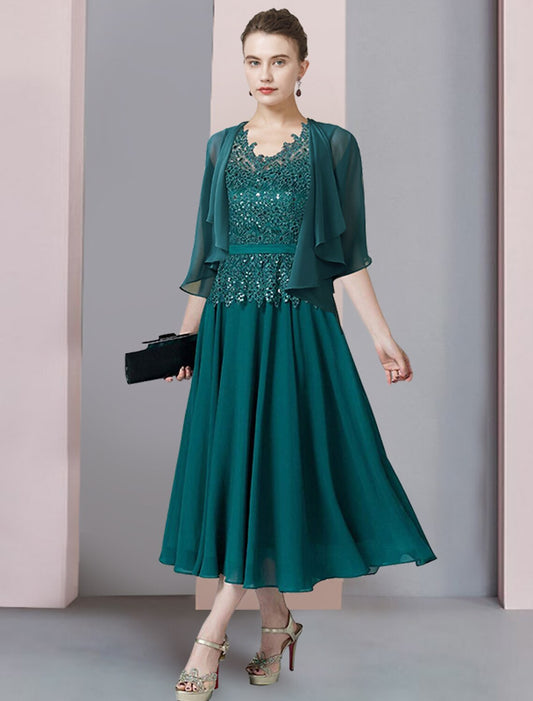Two Piece A-Line Mother of the Bride Dress Formal Wedding Guest Elegant V Neck Tea Length Chiffon Lace Short Sleeve Wrap Included with Sequin Appliques by YiHuiw