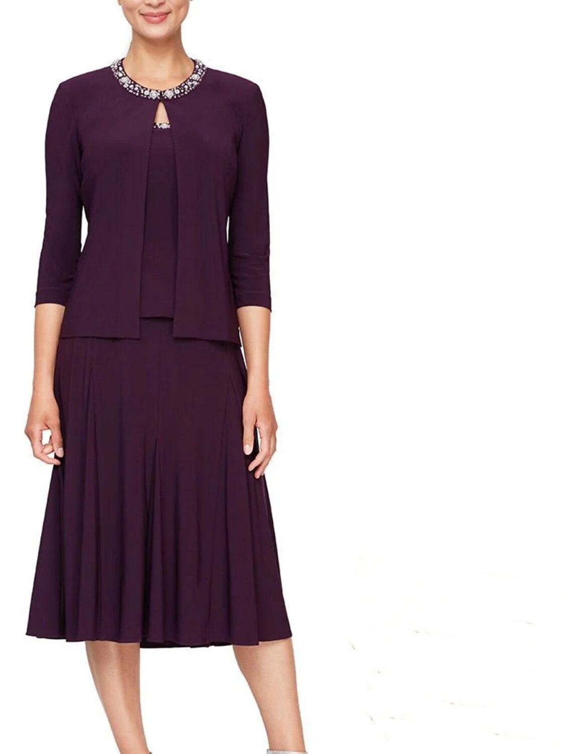 A-Line Mother of the Bride Dress Wedding Guest Elegant Petite Jewel Neck Knee Length  Fabric 3/4 Length Sleeve with Pleats Crystals