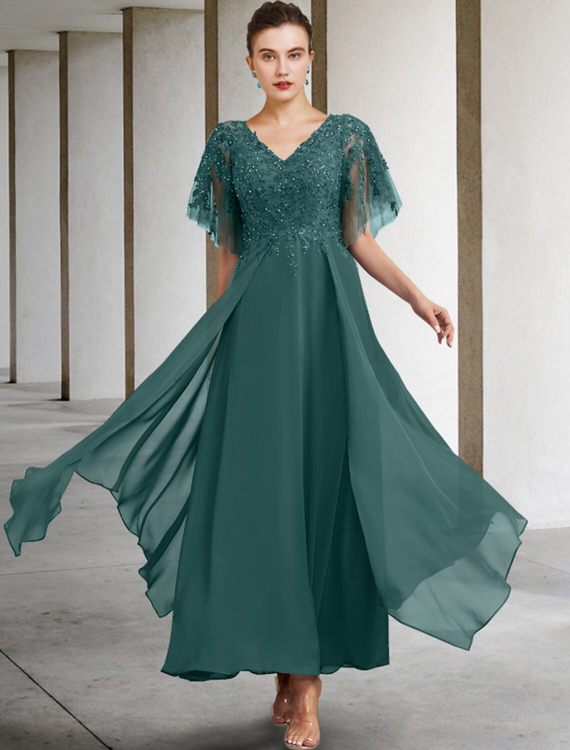 A-Line Plus Size Curve Mother of the Bride Dress Elegant Jewel Neck Ankle Length Chiffon Lace Short Sleeve with Beading Sequin Appliques by YiHuiw