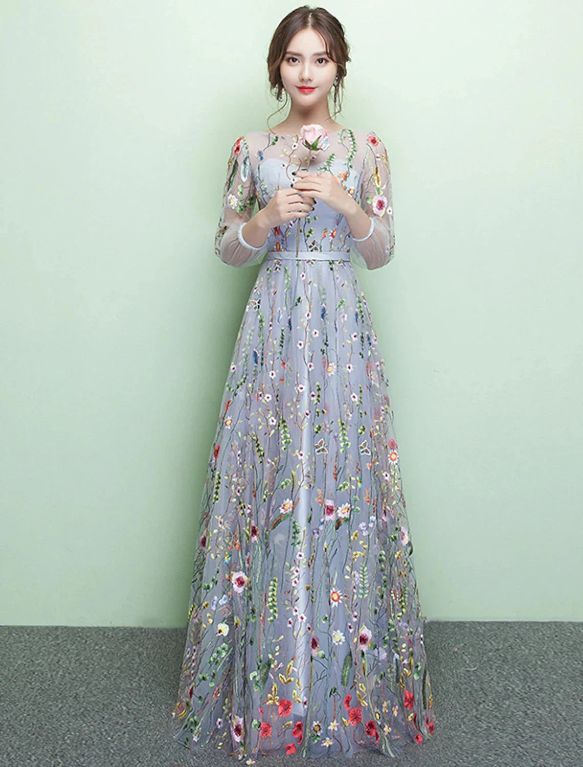 A-Line Elegant Sparkle & Shine Formal Evening Dress Jewel Neck 3/4 Length Sleeve Floor Length Lace with Embroidery by YiHuiw