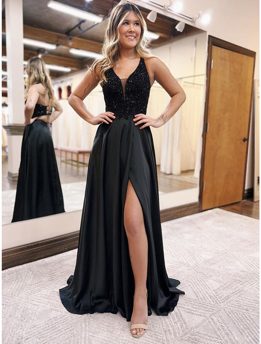 A-Line Evening Gown Empire Dress Formal Floor Length Sleeveless V Neck Pocket Satin Backless with Beading Appliques by YiHuiw