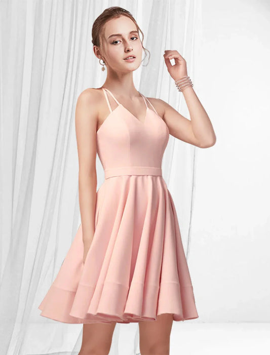 A-Line Cocktail Dresses Reformation Amante Dress Homecoming Party Wear Short / Mini Sleeveless Spaghetti Strap Pink Dress Satin with Pleats by YiHuiw