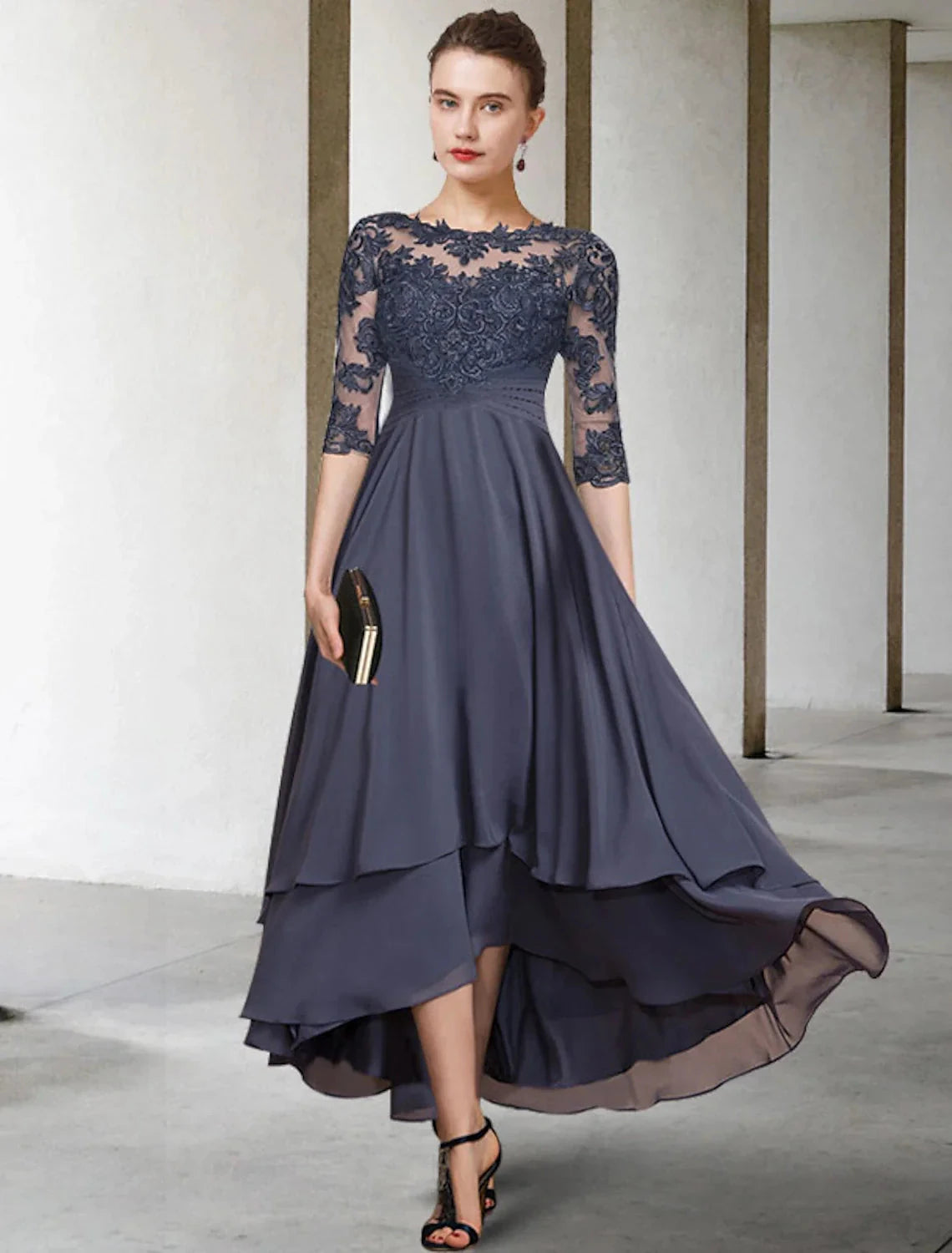 A-Line Mother of the Bride Dress Plus Size Elegant High Low Jewel Neck Asymmetrical Tea Length Chiffon Lace Short Sleeve with Ruched Beading Appliques by YiHuiw