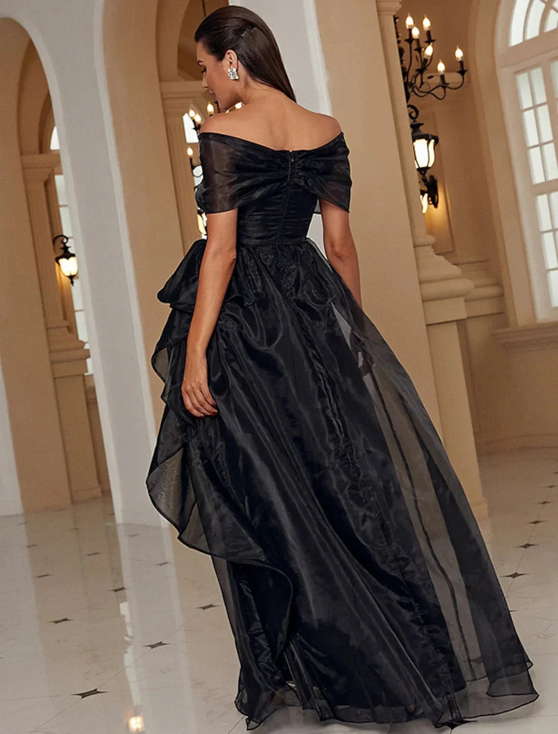 A-Line Evening Gown Sexy Dress Formal Floor Length Short Sleeve Off Shoulder Wednesday Addams Family Polyester with Ruffles Slit by YiHuiw