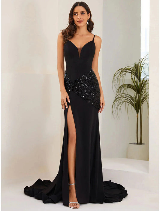 Mermaid / Trumpet Evening Gown Sexy Dress Formal Court Train Sleeveless Spaghetti Strap Fabric with Crystals Slit by YiHuiw