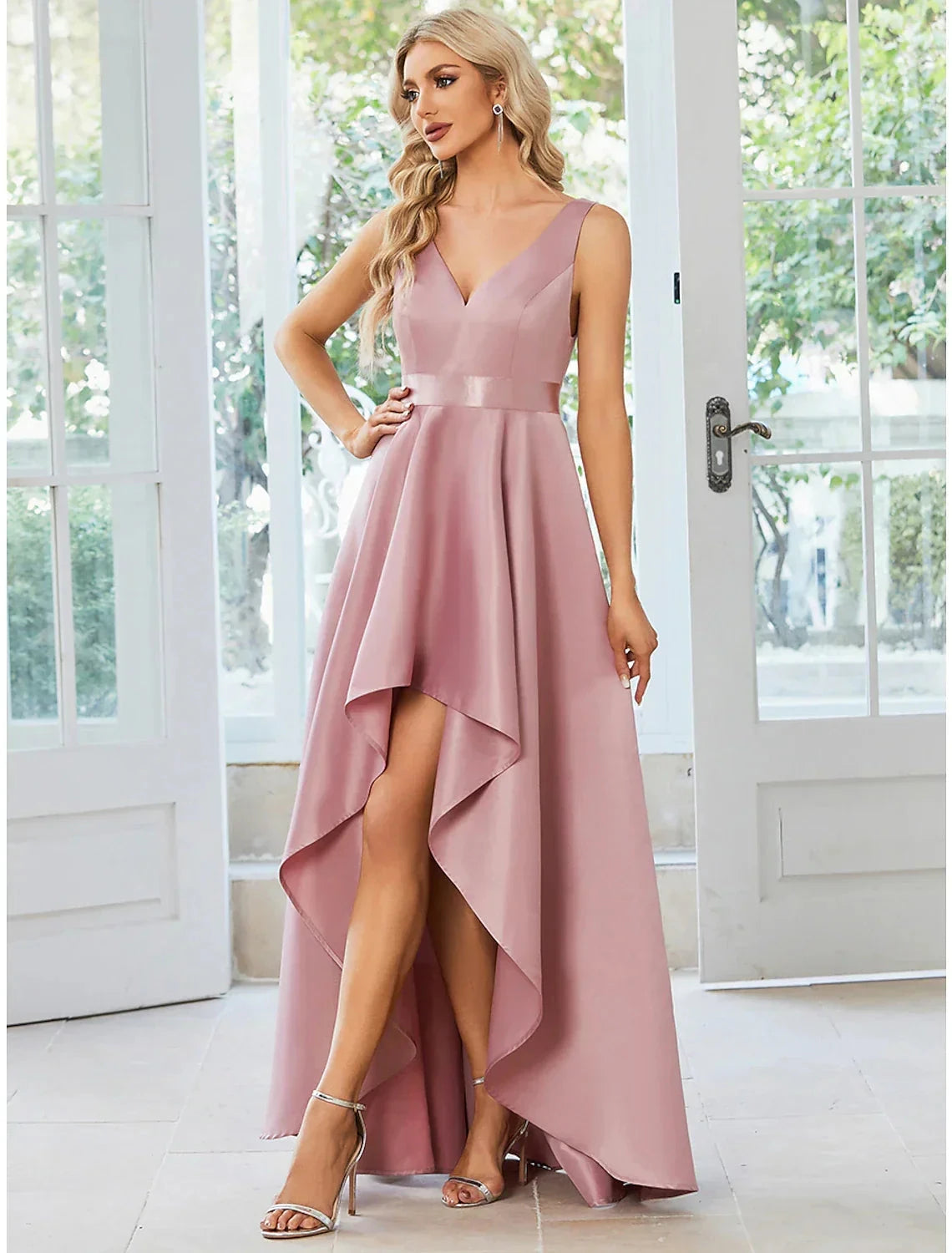 A-Line Wedding Guest Dresses Casual Dress Party Wear Asymmetrical Sleeveless V Neck Satin with Ruffles Pure Color by YiHuiw