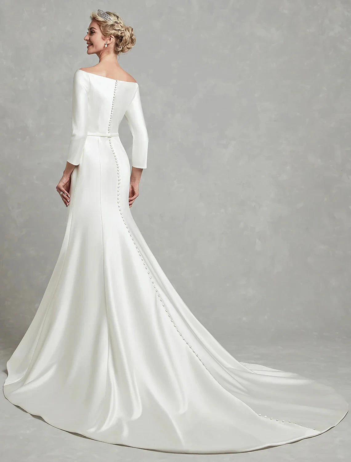 Casual Fall Wedding Dresses Mermaid / Trumpet Off Shoulder 3/4 Length Sleeve Chapel Train Satin Bridal Gowns With Pleats Summer Wedding Party Women's Clothing by YiHuiw
