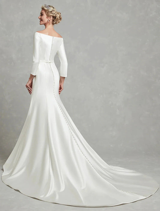 Casual Fall Wedding Dresses Mermaid / Trumpet Off Shoulder 3/4 Length Sleeve Chapel Train Satin Bridal Gowns With Pleats Summer Wedding Party Women's Clothing by YiHuiw