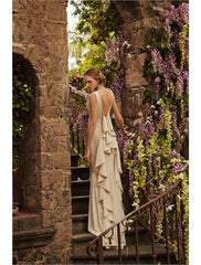 Hall Open Back Casual Wedding Dresses Sheath / Column Scoop Neck Sleeveless Sweep / Brush Train  Fabric Bridal Gowns With Draping Summer Fall Wedding Party   Women's Clothing