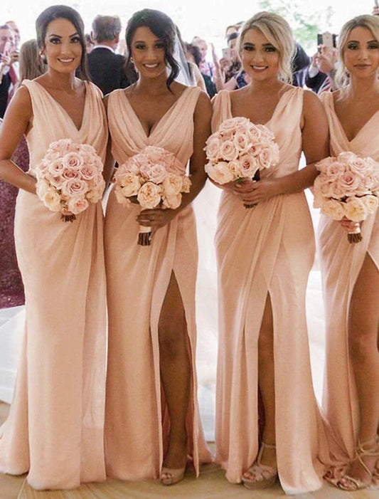 Mermaid / Trumpet Bridesmaid Dress V Neck Sleeveless Elegant Sweep / Brush Train Chiffon with Pleats / Split Front / Ruching by YiHuiw