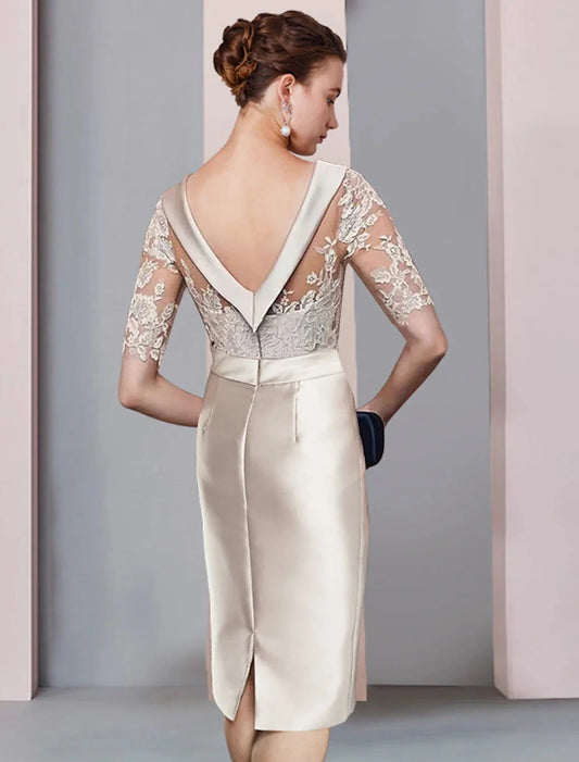 Sheath / Column Mother of the Bride Dress Wedding Guest Elegant Scoop Neck Knee Length Satin Lace Half Sleeve with Bow(s) Appliques by YiHuiw