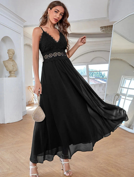 A-Line Elegant Vintage Party Wear Formal Evening Dress V Neck Sleeveless Ankle Length Chiffon with Sequin Pure Color Splicing by YiHuiw